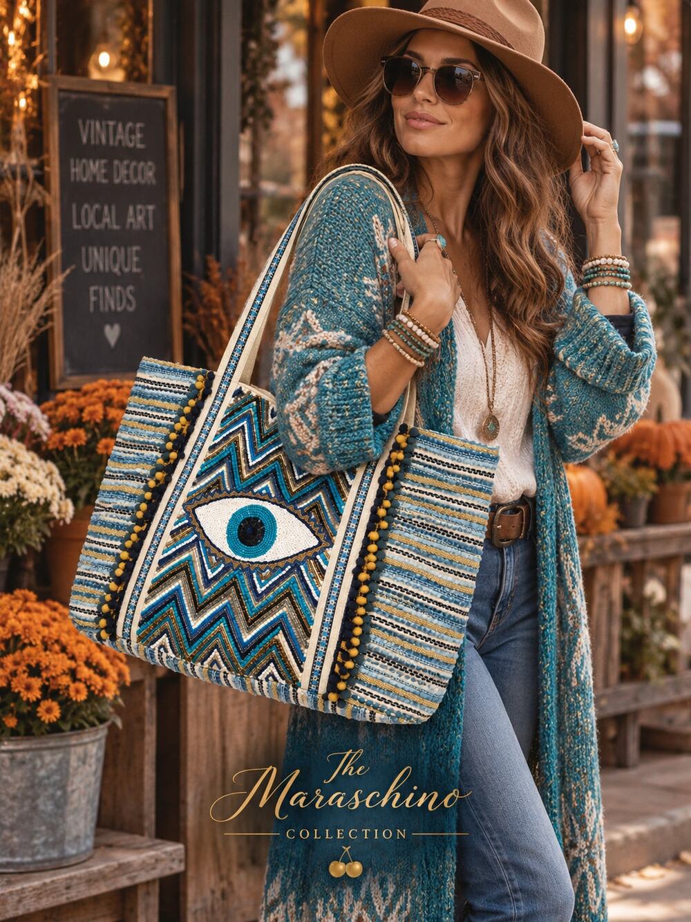 America & Beyond Hand Beaded Evil Eye Tote Bag Boho Resort Blue Gold